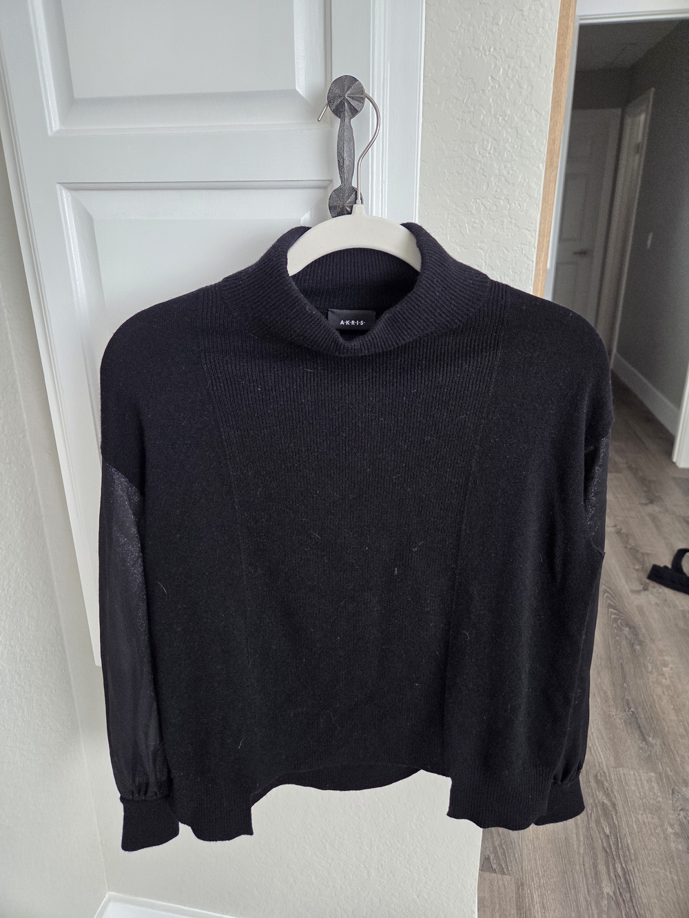 Akris Black Mock Neck Sweater with Balloon Sleeves, Cashmere